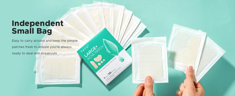 TKTK  Large Pimple Patches for Face(Strip, Contoured, Dot 5 Sizes 300 Count) , Acne Patches 60 x 20 mm, XL Hydrocolloid Bandages for Forehead,Chin,Full Face,Back,Neck and Body Skincare,acne clearing products,pimple patch,TikTokShopLaborDaySale