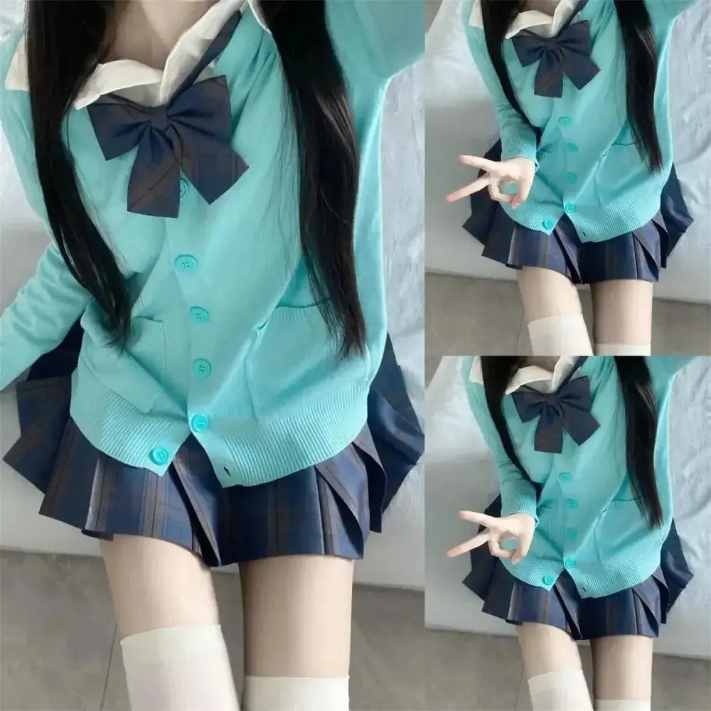 3Pc Set Japanese Korean School Uniforms Multicolor Sweater&Plaid Pleat Skirt with Bow Jk Uniform Suit Graduation Costumes Women