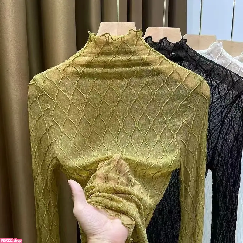 Women's Mock Neck Sheer Lace Long Sleeve Top, Ruffled Turtleneck Stretchy Mesh Layering Shirt, Elegant Floral Lace Undershirt for Fall Outfits