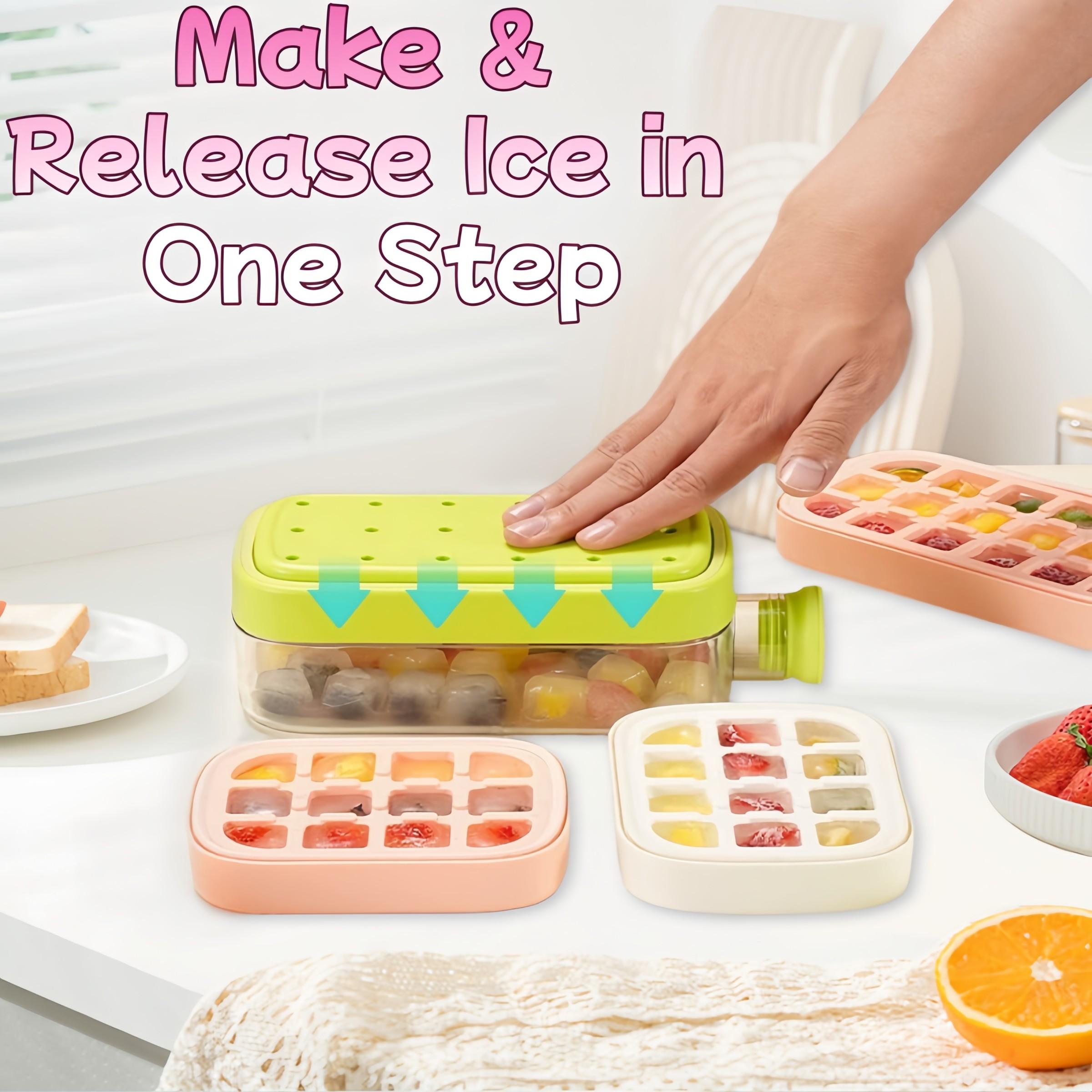 2-in-1 Press Ice Cube Tray with Ice Bucket, Portable Ice Maker Bottle, One-Step Easy Release No-Touch Ice Mold Food Grade BPA-Free Quick Freeze Ice Cube Storage Container Reusable Silicone Ice Cube Tray for Summer Cocktail Iced Coffee Smoothie Whiskey Sod