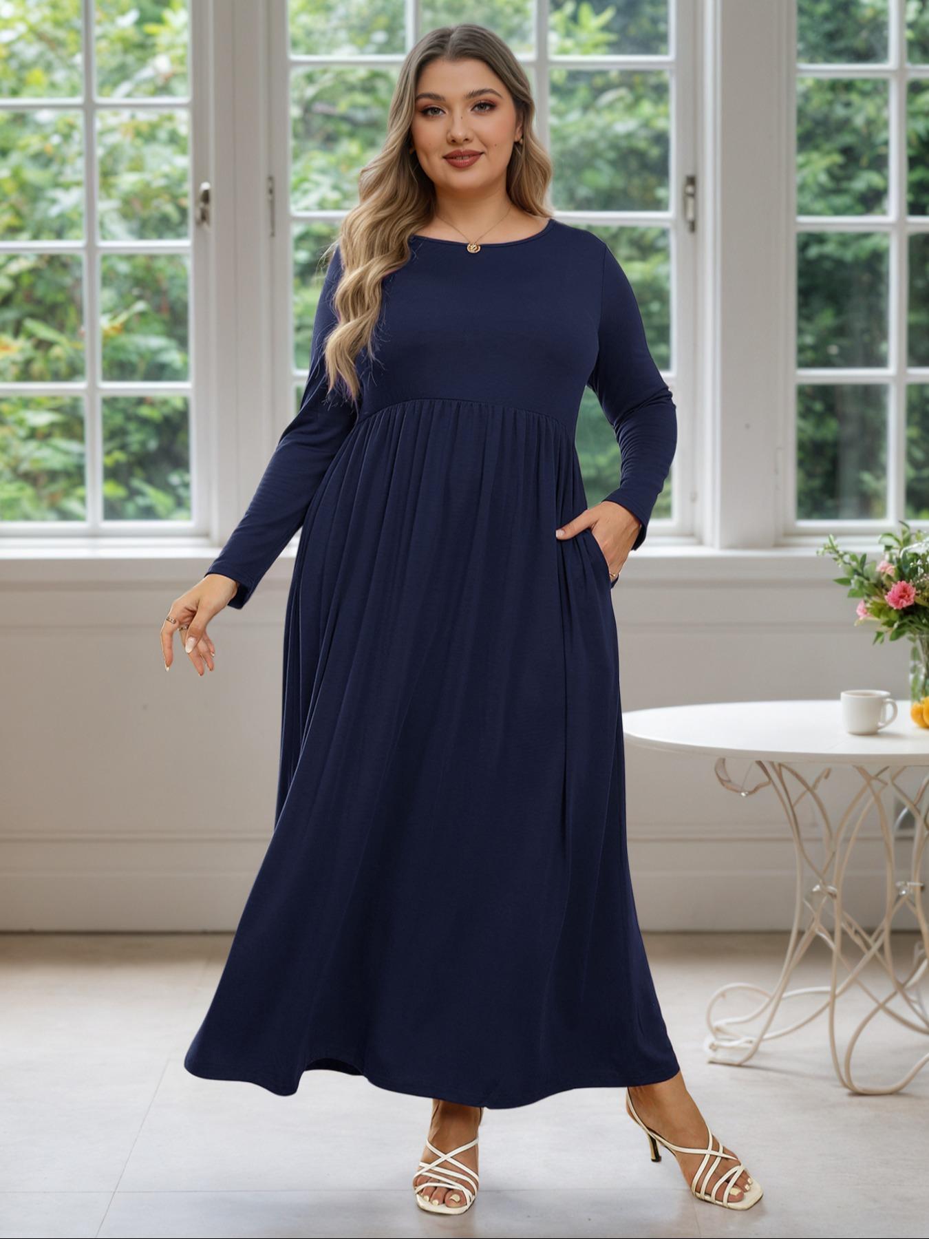 Women's Round Neck Stretchy Casual Maxi Long Plus Size Dress, Perfect for Bridesmaids, Vintage Style Wedding & Party Wear, Comfortable Fabric