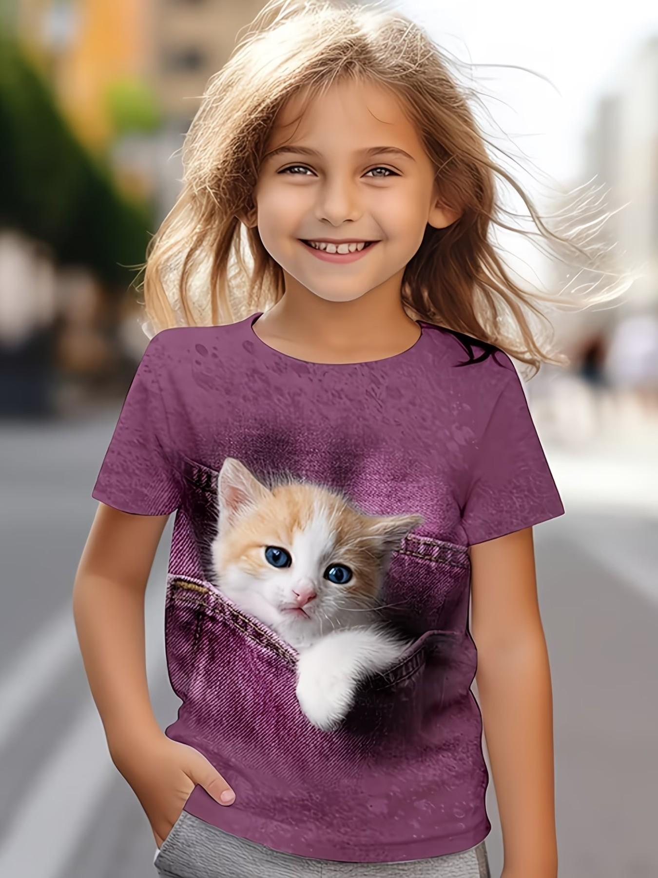 Short Sleeve T-Shirt with Cat Pattern, Cute Graphic Top for Girls, Summer Fashion Casual Loose-Fit Tee