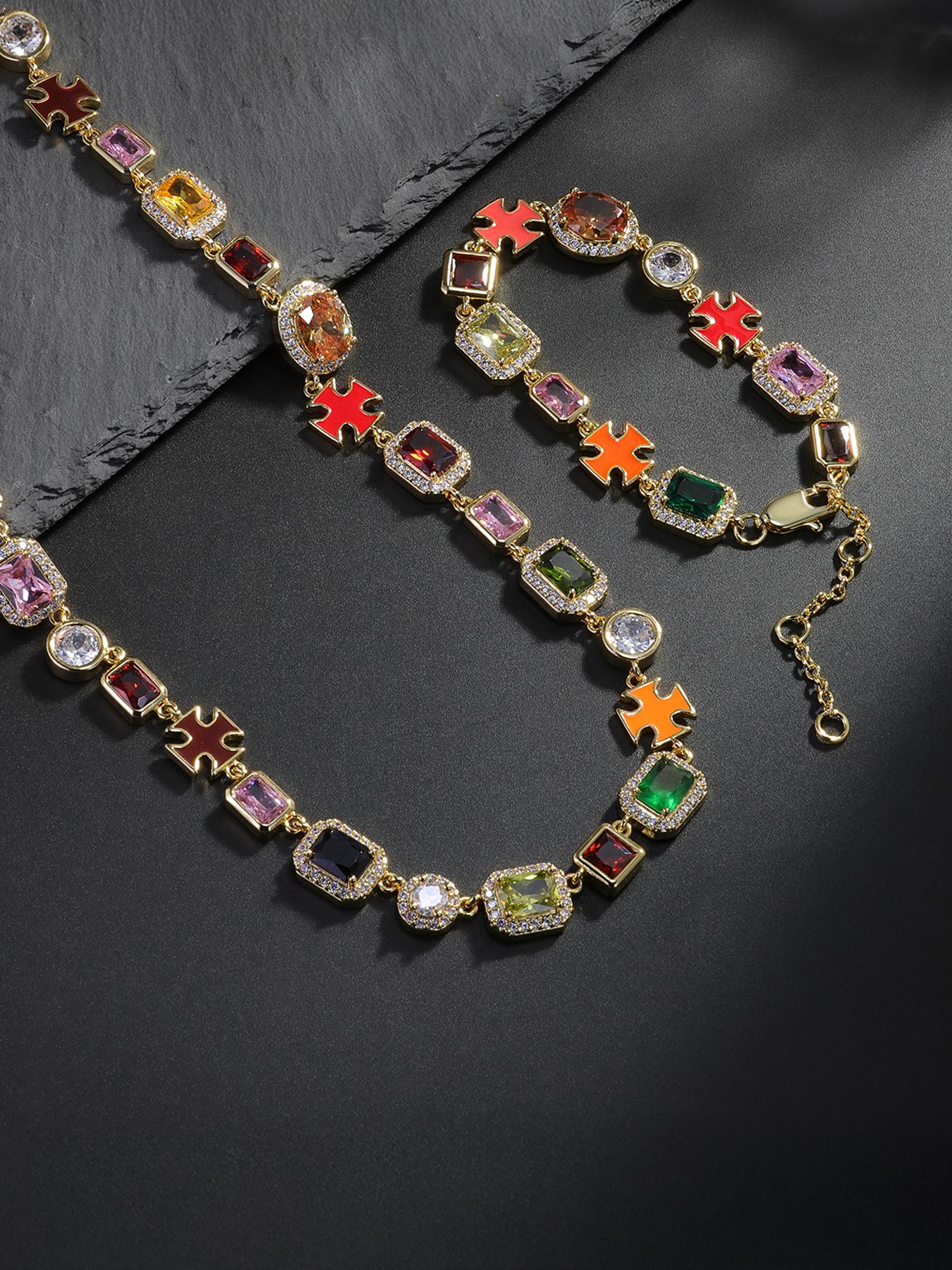 Iced Chics 2pcs/set Necklace Bracelet Set, Zirconia Jewelry Set, Colorful Zircon Cross Drip Pendant, Hip Hop Street Style, Unisex, Perfect Gift, All Seasons