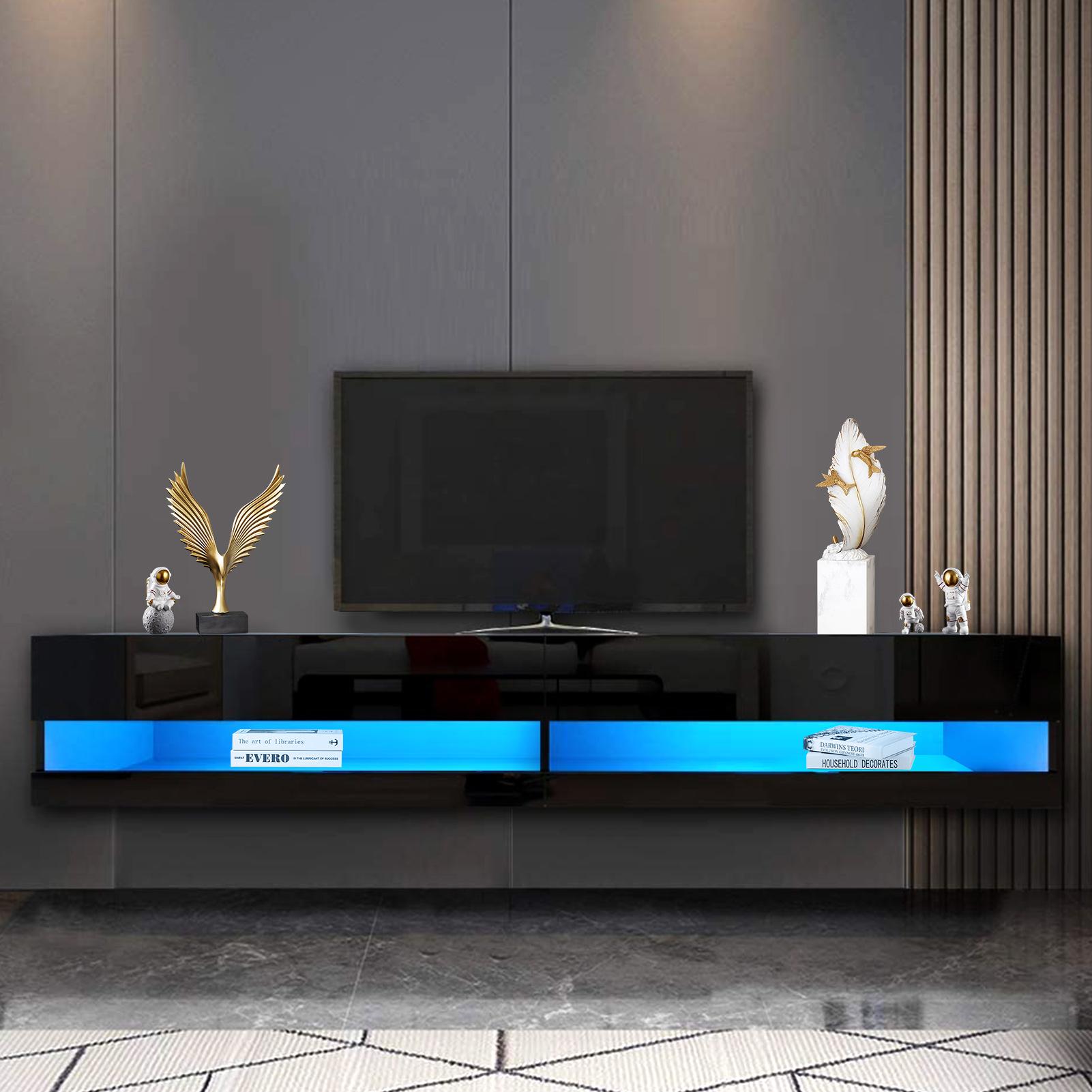 71'' Floating TV Stand for 75/80/85 inch TV, Wall Mounted TV Stand with LED Lights and Power Outlets, Modern High Gloss Entertainment Center, Media Console, Hanging TV Shelf for Living Room, White/Black