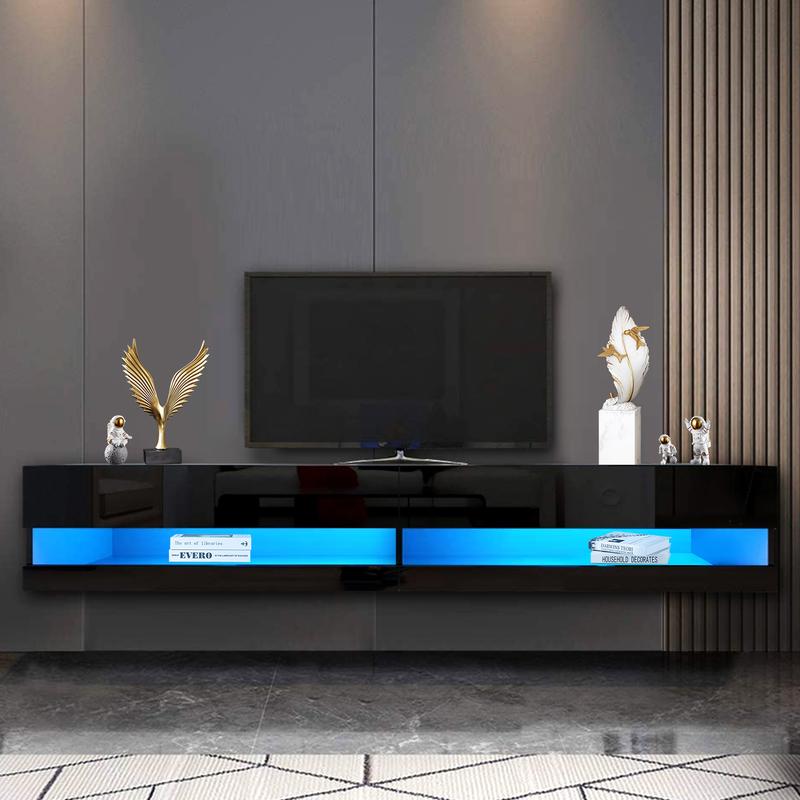71'' Floating TV Stand for 75/80/85 inch TV, Wall Mounted TV Stand with LED Lights and Power Outlets, Modern High Gloss Entertainment Center, Media Console, Hanging TV Shelf for Living Room, White/Black