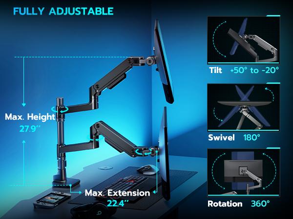 ARES WING Single/Dual Monitor Arm for Ultrawide Heavy Duty Curved Monitor Stacking, Fits 17-49 Inch, Vertical Gas Spring Double Monitor Mount with USB, Ergonomic Office Adjustable Dual Monitor Mount