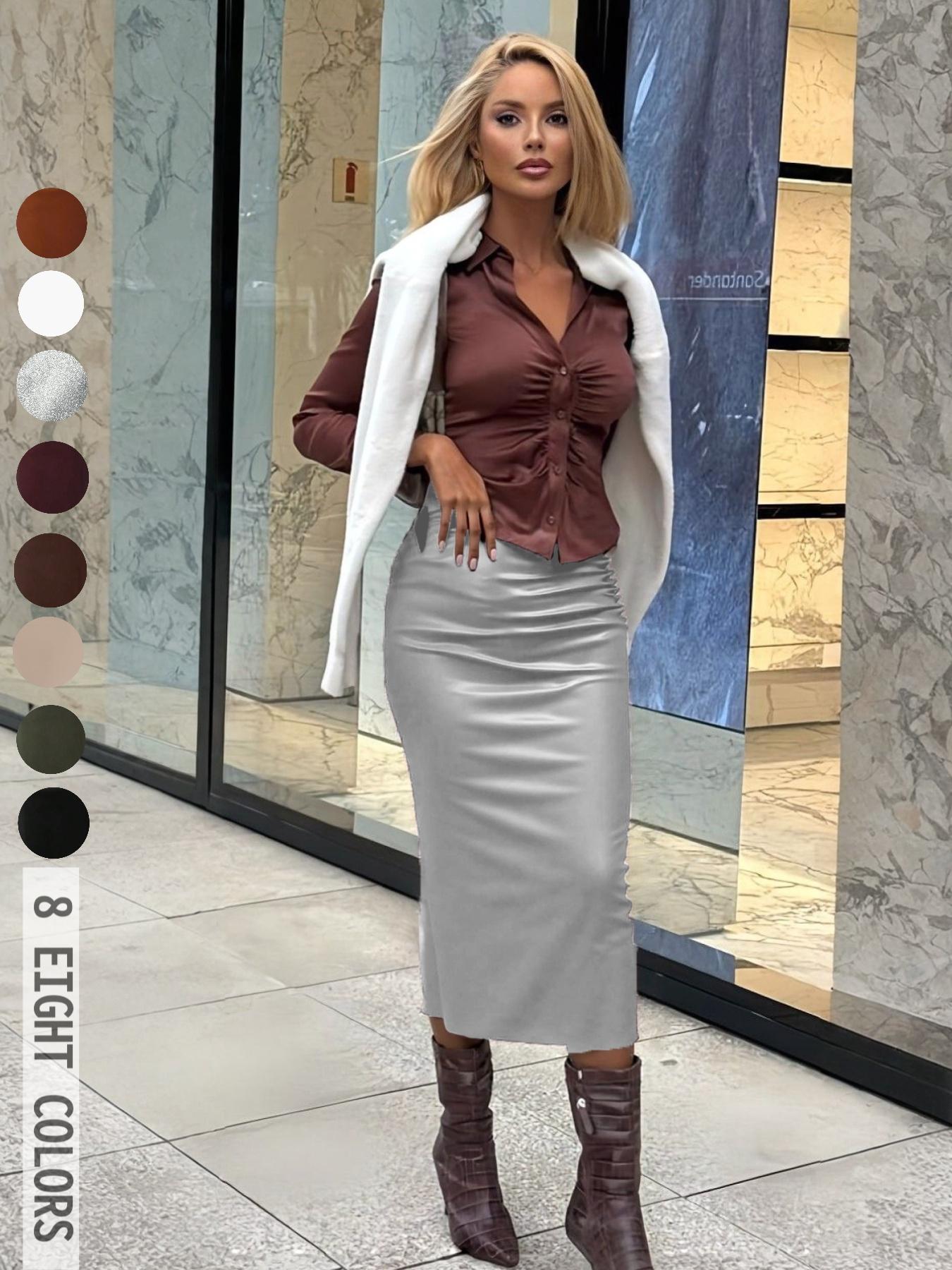 [Susan Exclusive]Women's Plain A-Line Midi Skirt for Casual Daily Wear, High Waist Split Thigh Design, All Seasons Fashion