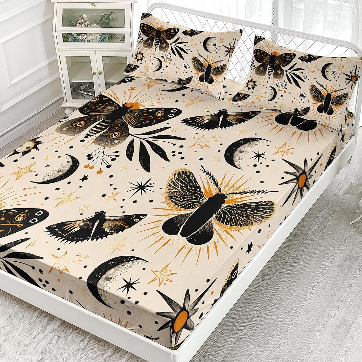 Death Moth Theme Extra Large Twin Bed Set, Moon Sun Pattern Bohemian Style Soft Deep Pocket Sheet, Includes Two Pillowcases, Unisex, 3-Piece Set, Polyester Bedding