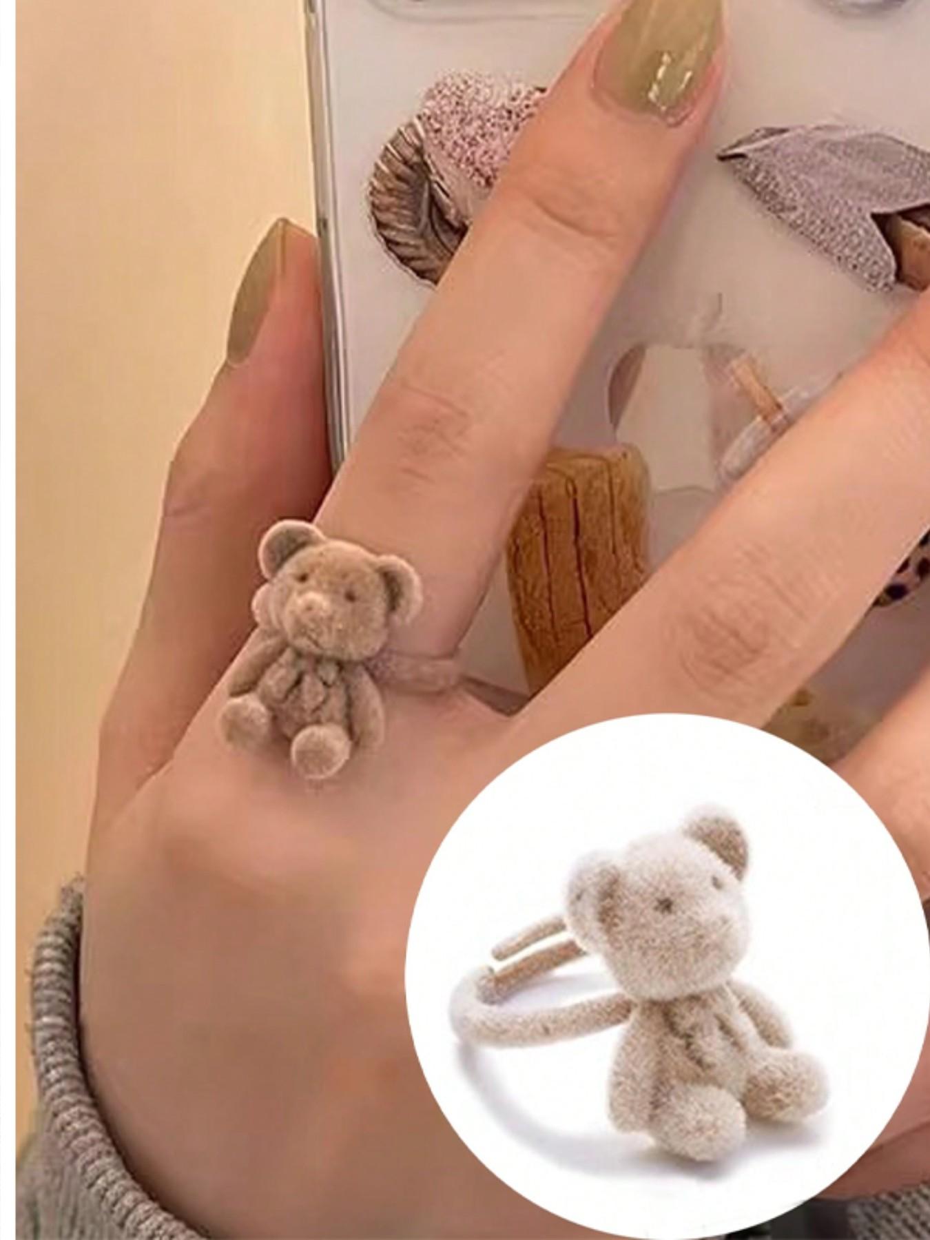 Cartoon Plush Bear Ring for Women, Adjustable Open Band, Cute Animal Pattern, Perfect Gift for Friends and Girlfriends, All Seasons