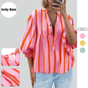 Imily Bela Womens Puff Sleeve Babydoll Tops Summer V Neck Striped Blouse Cute Casual Loose Fit Flowy Shirts