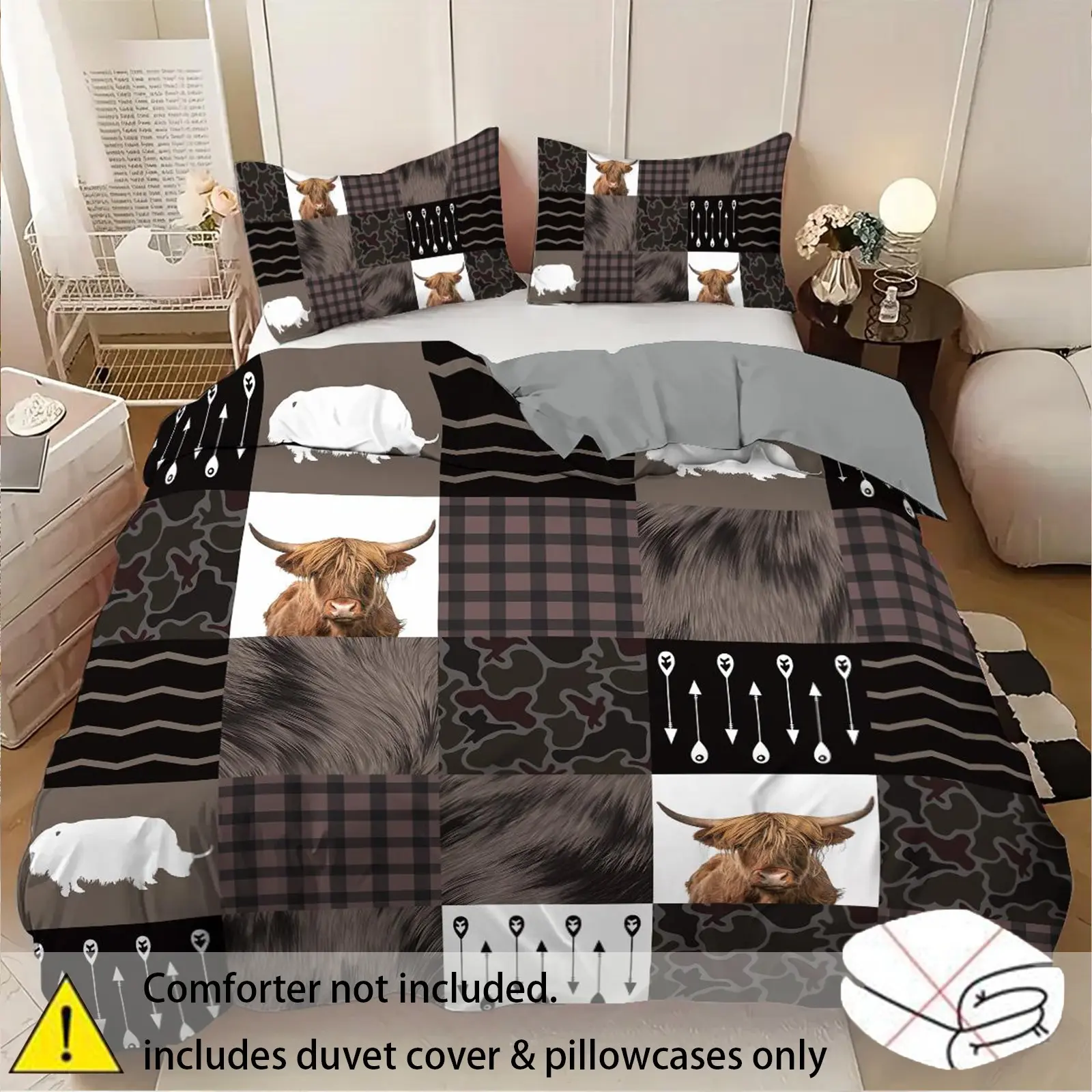 Highland Cow Floral Bedding Set, 1 Comforter & 2 Pillowcases, Rustic Farmhouse Decor, Synthetic Fiber, Ca Prop 65 Compliant