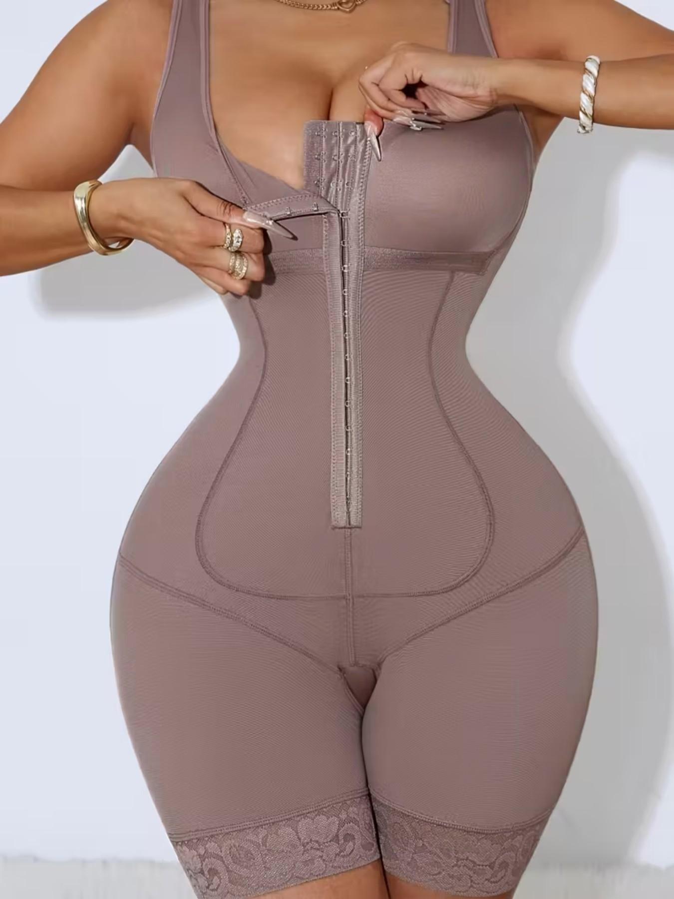 1 Count Women's Sleeveless Front Hook Eye Closure Full Body Shapewear, Fajas, Tummy Control Butt Lifting Compression Bodysuit, Lace Trim Hem Jumpsuit, Colombian Hourglass Shaper, Suitable For Sports, Yoga, Travel Vacation