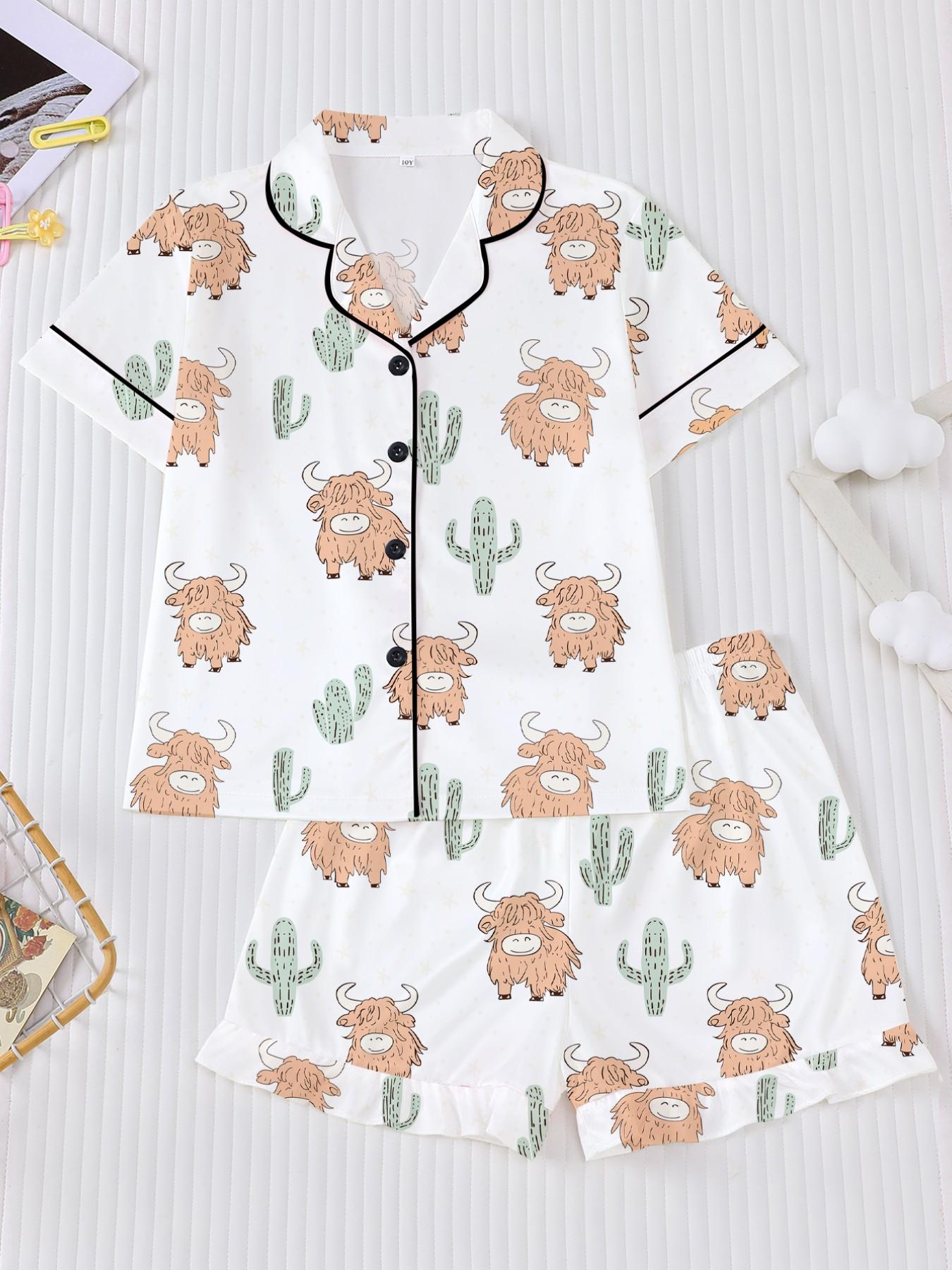 Children's pajamas 2 sets of cute little yak printed children's pajamas for girls and boys, new for summer 202, flame retardant, thin short-sleeved shorts 2 sets of pajamas for children can be worn outside as home clothes 2 sets of Print Sleepwear