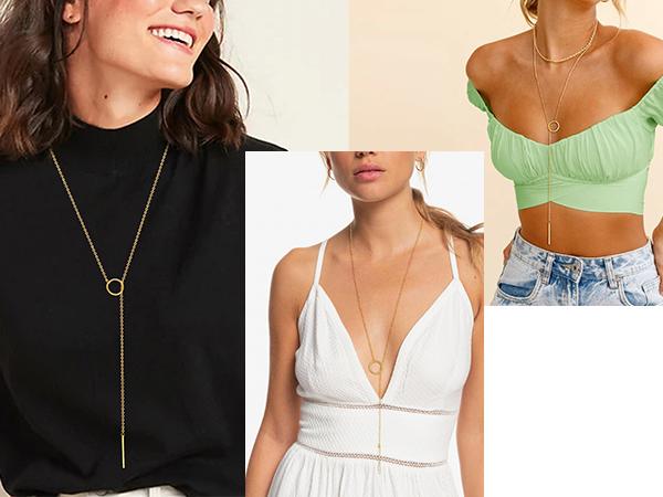 FindChic Long Necklaces Golden Dainty Drop Bar Pendant Lariat Y-Shaped Necklace For Women Men