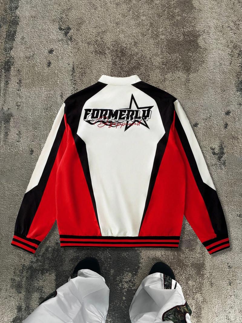 Men's Speed Racing Pattern College Style Jacket, Street Hip-Hop Coat, Fitted Long Zipper Design, Casual Outdoor Wear, All Seasons