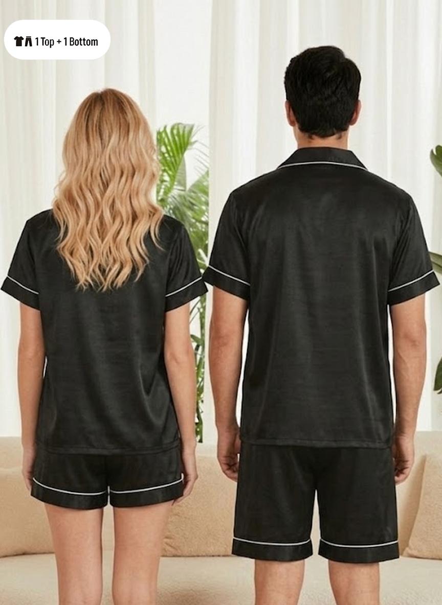 Couple Sleepwear Set, Short Sleeve Shorts, Pure Color, Comfortable Lounge Wear, Summer Ice Silk Two-Piece Set, Men's and Women's Open Front