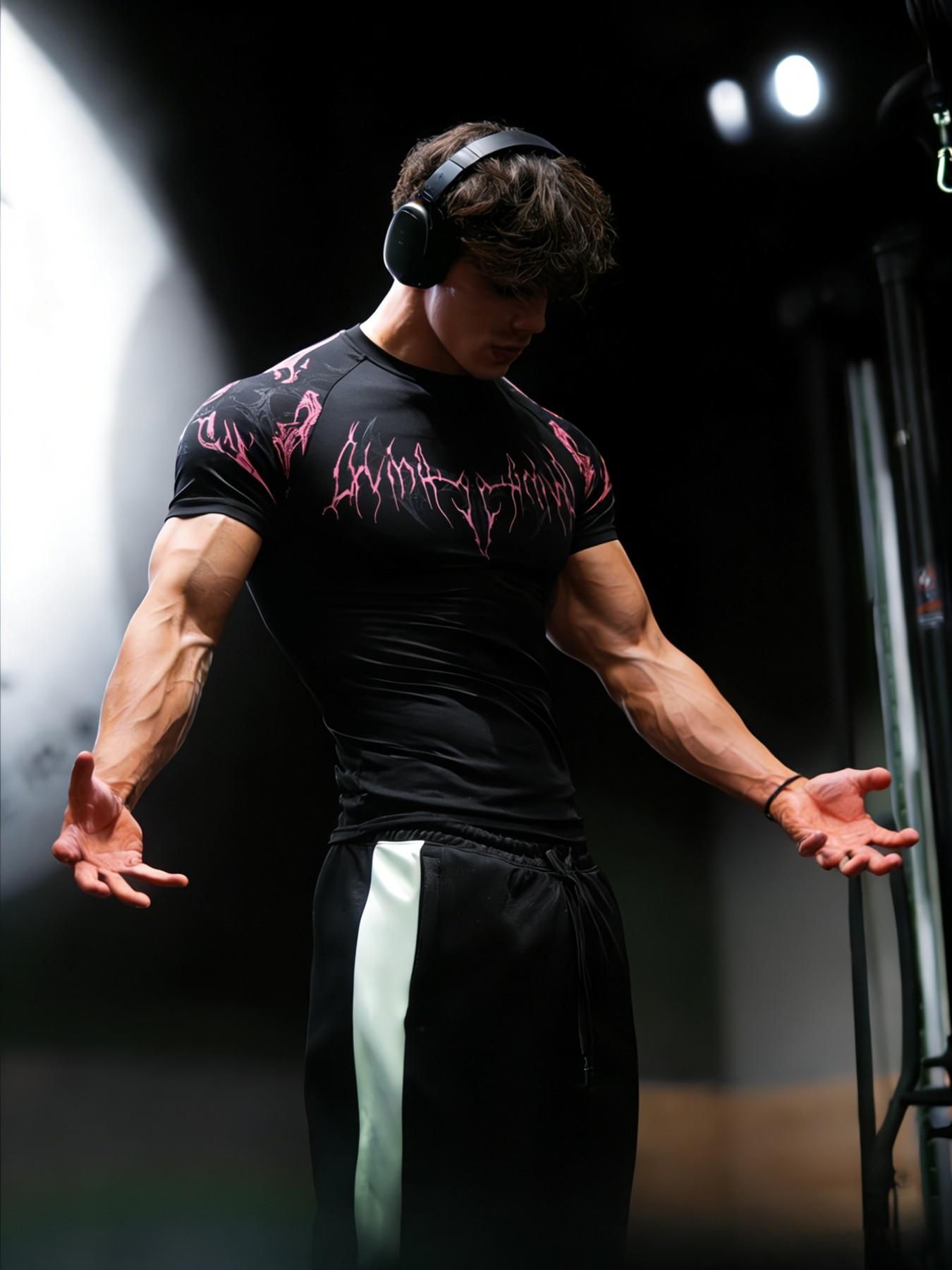 Men's Fitness T-Shirt with Thorn Print, High Elasticity Quick-Dry Fabric, Slim Fit for Gym Training, Casual Long Sleeve Top