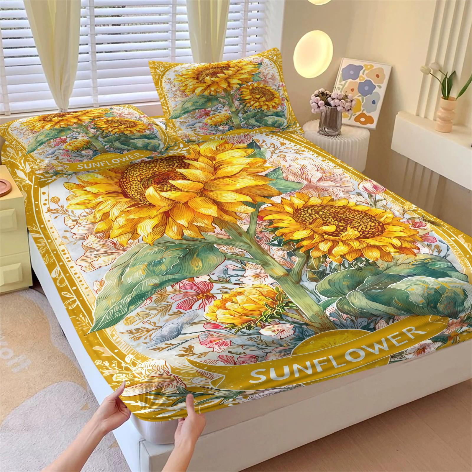 3-Piece Sunflower Patterned Bed Sheet Set, Soft And Durable Bedding Set, Including 1 Bed Sheet And 2 Pillowcases, Suitable For Children And Adults For Daily Holiday Birthday Gifts, Bedroom Decorations