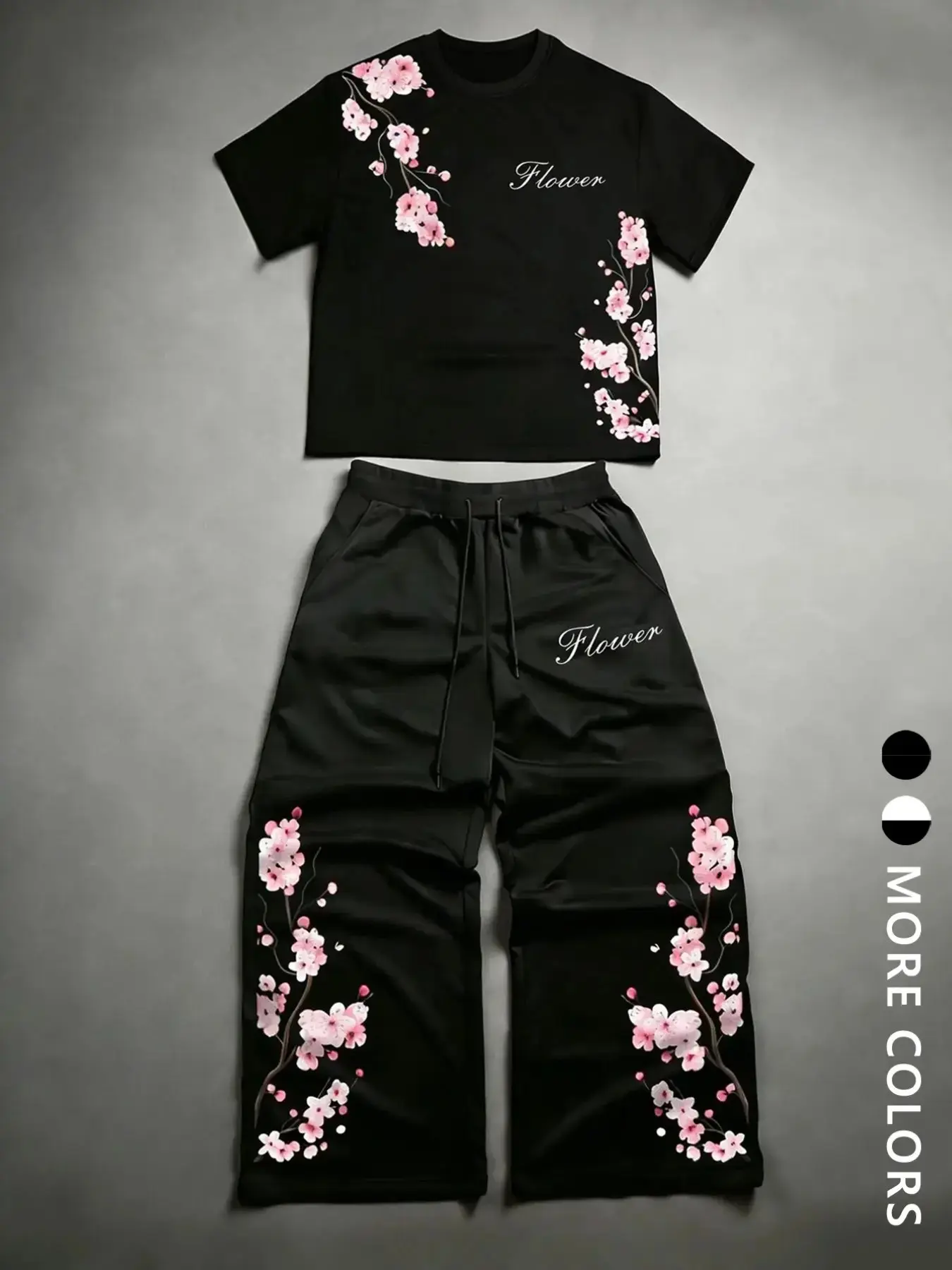 Unisex Y2K Sakura Cherry Blossom Print T-Shirt & Wide Leg Pants 2 Piece Set | Japanese Floral Summer Streetwear | Anime Streetwear Outfit for Men & Women