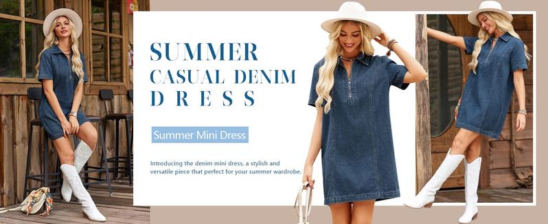FMEYOA Womens Denim Shirt Dress Long Sleeve V Neck Loose Casual Jean Mini Dress with Pockets