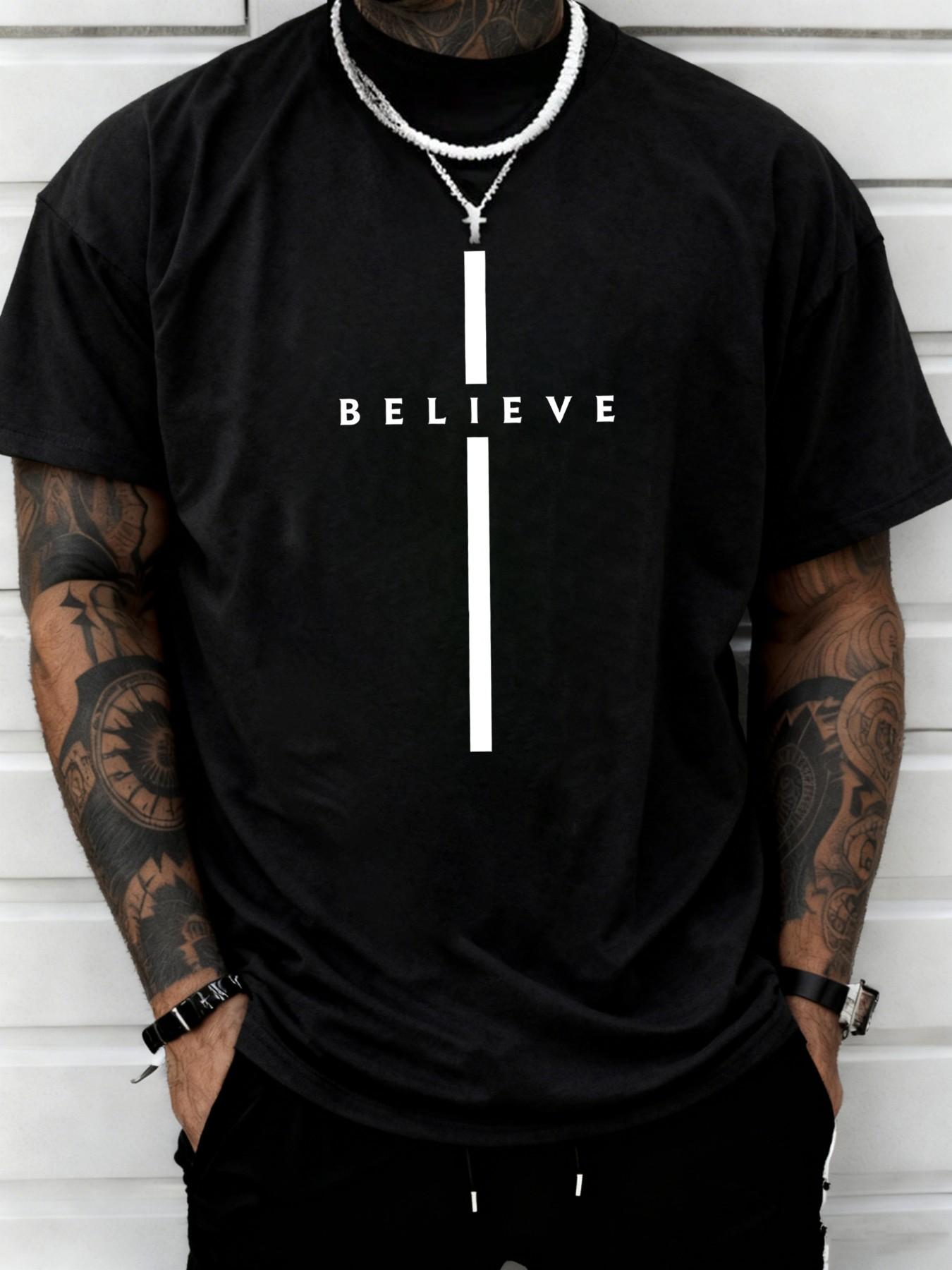 Men's "Believe" Vertical Cross Graphic T-Shirt, Christian Faith Casual Streetwear, Religious Minimalist Short Sleeve Top #ChristianApparel #FaithWear #ReligiousTee #MinimalistFashion #TikTokMadeMeBuyIt