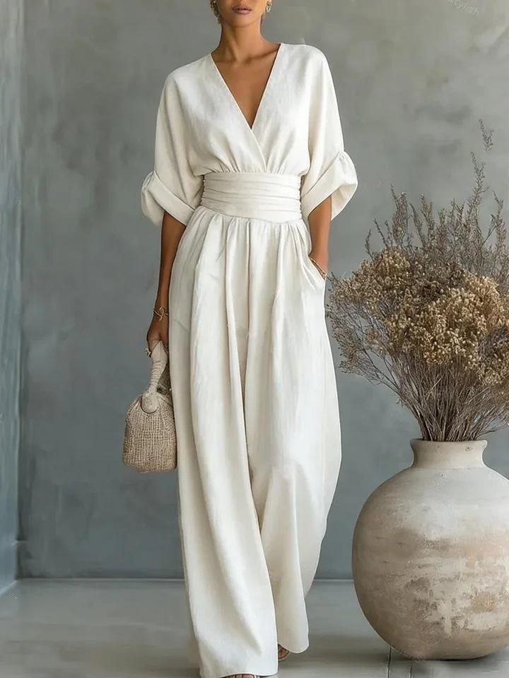 European and American new Amazon solid color elegant waist cinched V-neck temperament women's jumpsuit for women