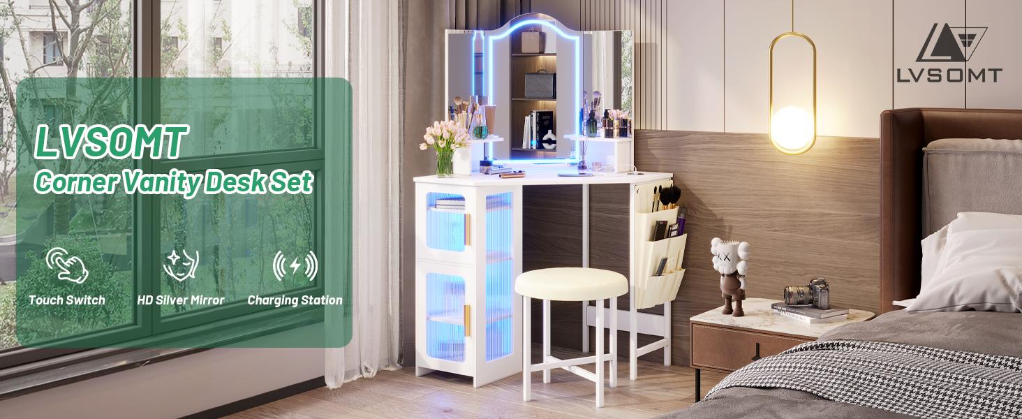 LVSOMT Vanity Desk with Mirror and Lights, Makeup Vanity with Charging Station, Dressing Table with 3 Lighting Options, Vanity Set with Drawers, Women’s Corner Vanity table, Grey