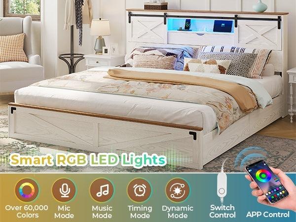 Sikaic LED Farmhouse Wooden Platform Bed Frame With Charging Station 2 Drawers & Storage Headboard Sliding Barn Door White Furniture Modern Bedroom Set Bedframes