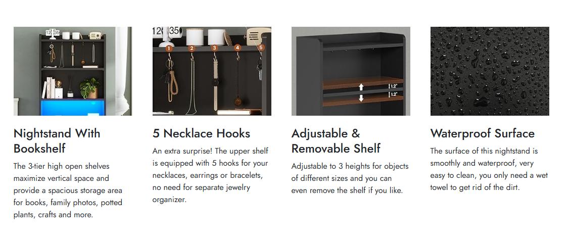 Sikaic  LED Tall Nightstand with Charging Station 3 Drawers And Bookshelf Adjustable Table