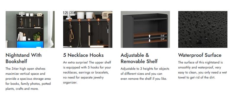 Sikaic  LED Tall Nightstand with Charging Station 3 Drawers And Bookshelf Adjustable Dressing Table Makeup Dressing Desk