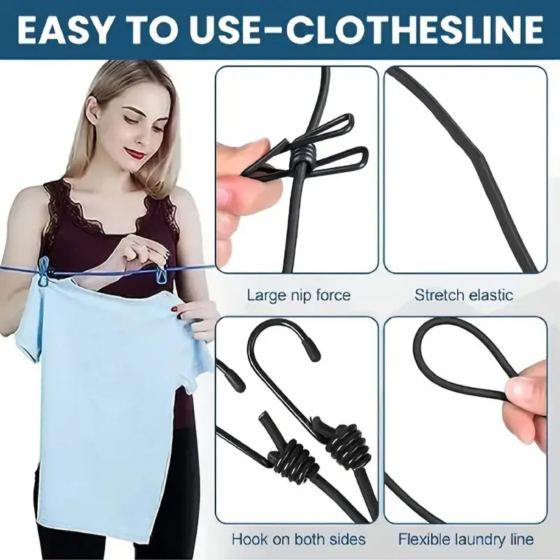 This elastic clothesline with 12 clips is ideal for drying socks, underwear, and other small items. The portable, retractable design makes it perfect for laundry, outdoor use, camping, hotels, and other settings.