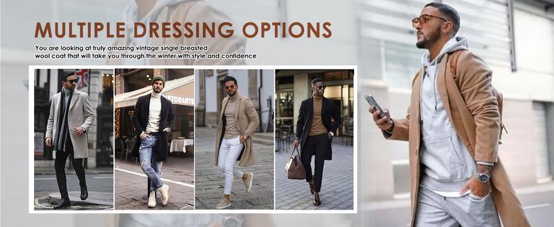 COOFANDY Mens Wool Blend Coat Winter Trench Coats Notched Lapel Collar Single Breasted Overcoat Classic Peacoat With Pockets Menswear Casual