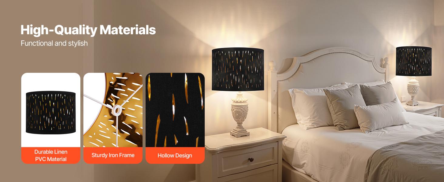 VEVOR Drum Lamp Shade 2 Set, 13 in Topx 13 in Bottomx 10 in High, Medium Drum Lampshade with Harp, Replacement Lamp Shade for Table Lamps Floor Lamps Pendant Lights, Black Hollow-carved Design