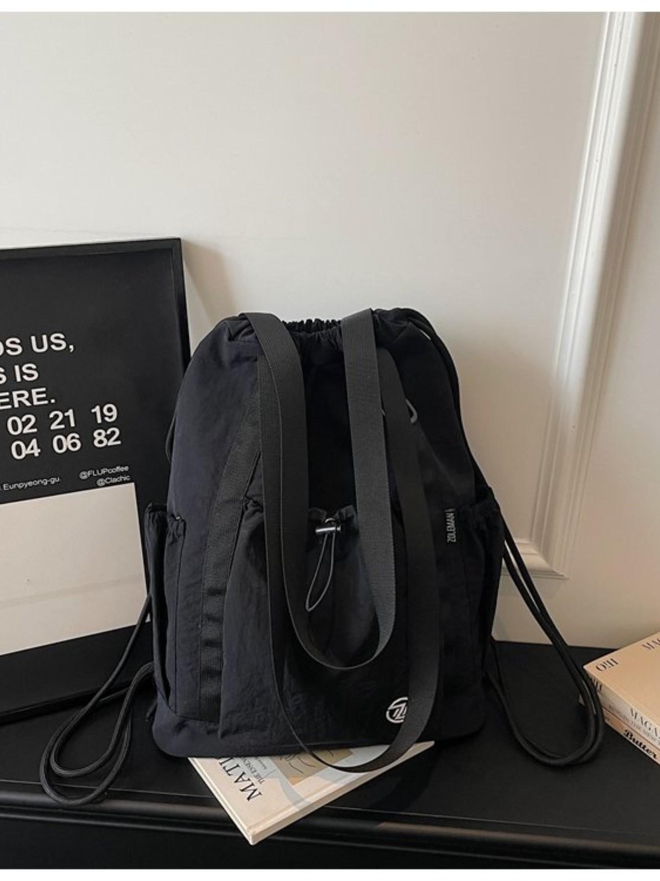 Large Capacity Drawstring Tote Backpack, Lightweight Nylon Shoulder Bag with Secure Pockets, Foldable Unisex Casual Daily Bag, Travel Fitness Shopping Bag