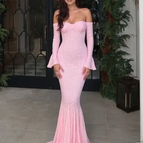 Women's Solid Color Lace Long Sleeve Dress, Elegant Off the Shoulder Dress for Party Club Dating, Ladies Spring & Fall Clothes