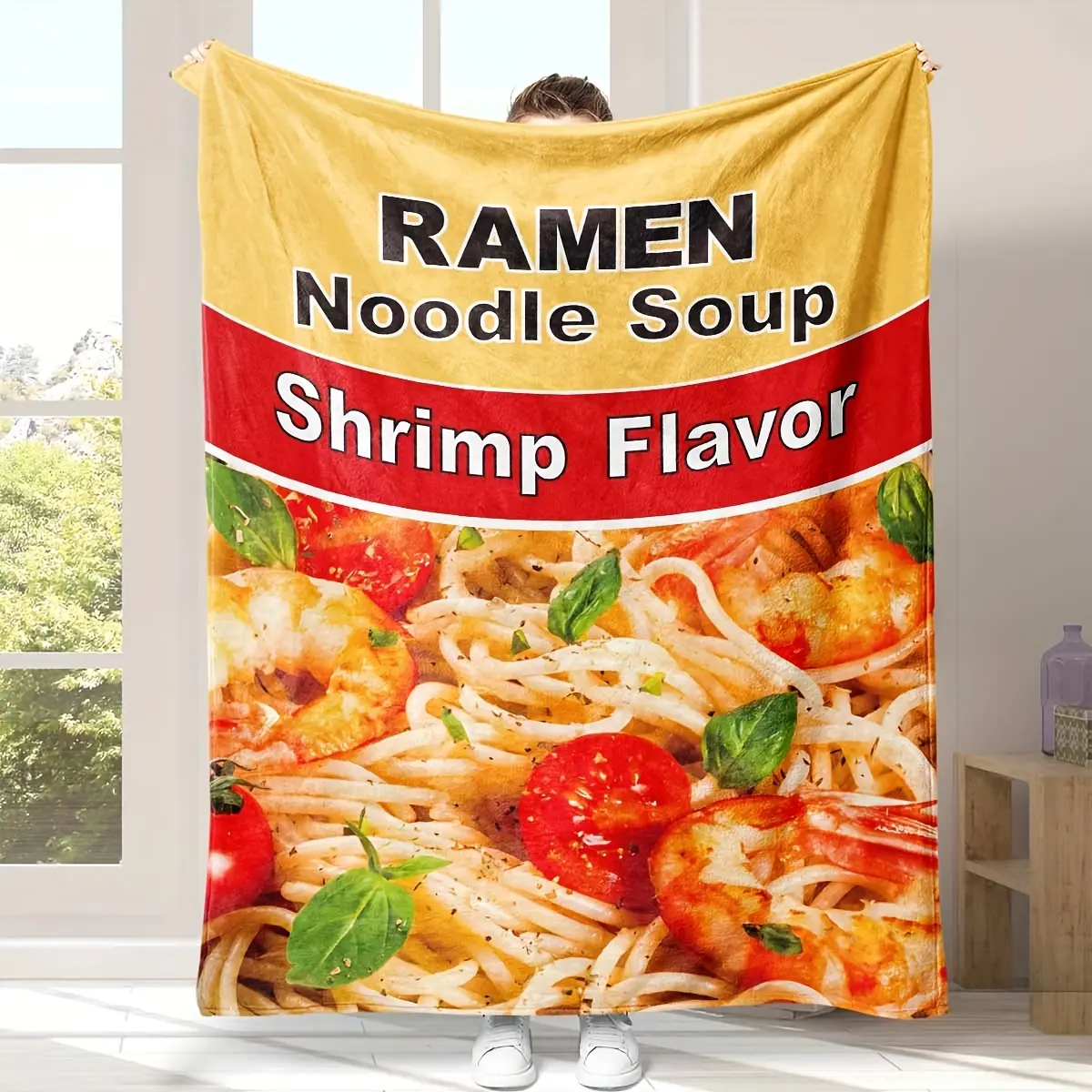 Cuisine Theme Flannel Fabric Ramen Noodle & Shrimp Soup Print Blanket - Lightweight Soft Beige Home Indoor Bedspread with Tomatoes & Seaweed Design for Adults