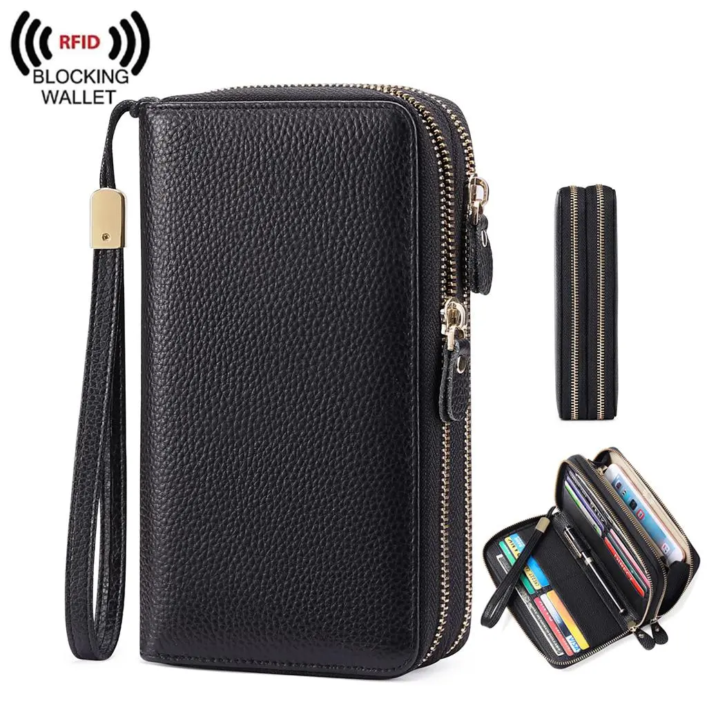 Leather Women Wallet RFID Blocking Zipper Around Phone Holder Clutch Wristlet Large Capacity Wallets for Women RFID Blocking Large Capacity Wristlet Bifold Card Holder Small Wallet for Women