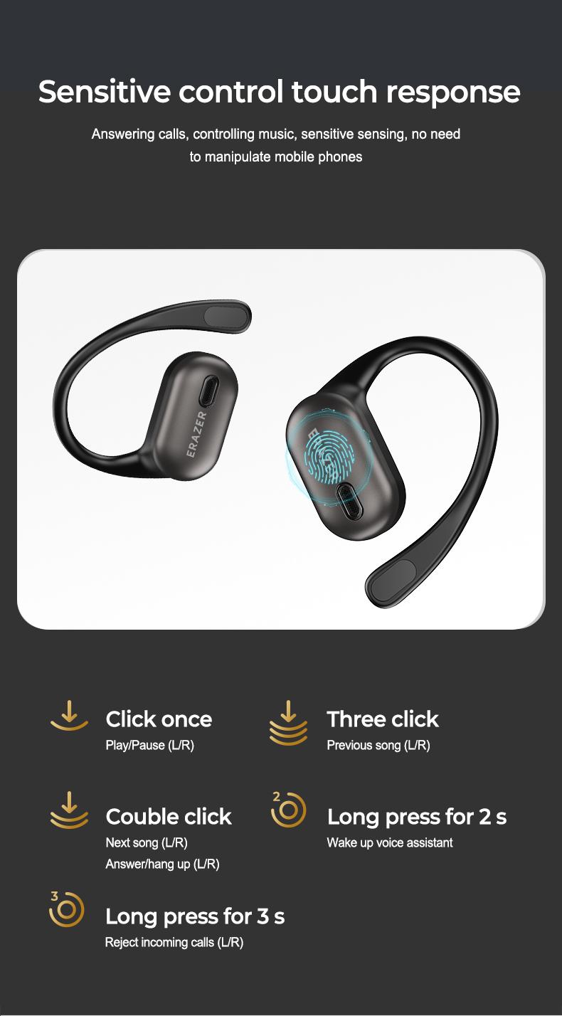 ERAZER XF38 OWS Wireless Bluetooth Earbuds HIFI Sound Quality Music Headphones for Gaming Travel Sports,Wireless Remote Control Built-in Mic