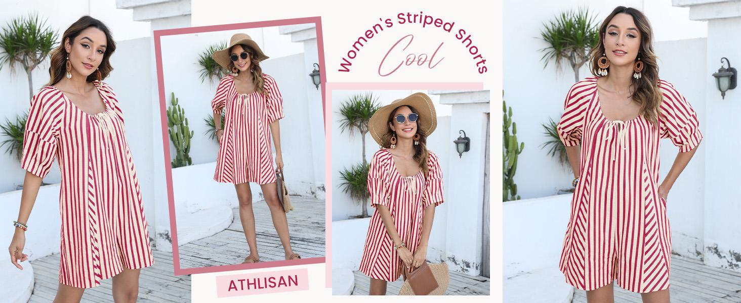 Womens Striped Romper Casual Loose Puff Sleeve Wide Leg Jumpsuit Overall with Pockets