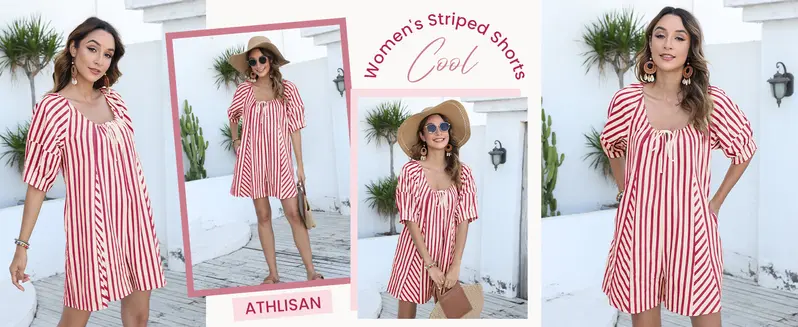 UANEO Womens Striped Romper Casual Loose Puff Sleeve Wide Leg Jumpsuit Overall with Pockets SummerVibes