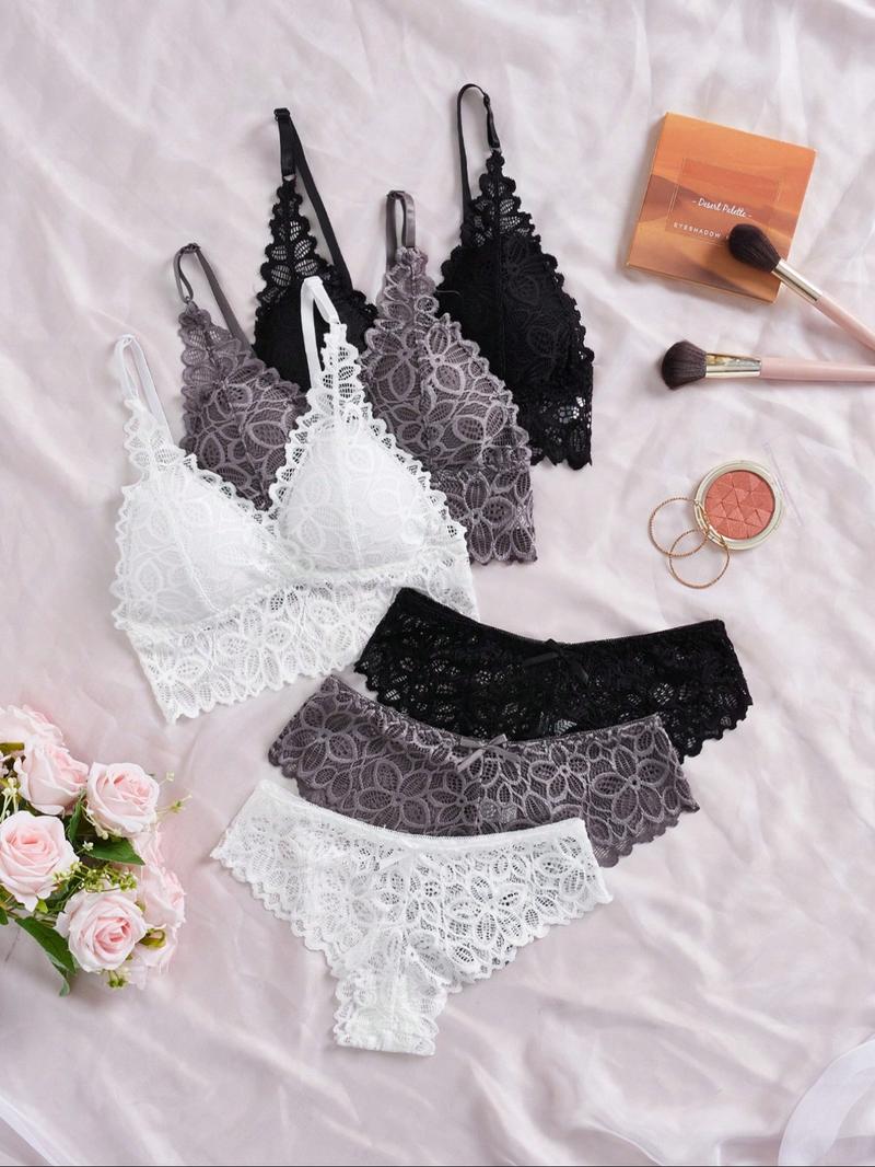 Women's Lace Underwear Set, Romantic Adjustable Strap Wireless Bra & Bow Decor Panty Set, Women's Lingerie Set