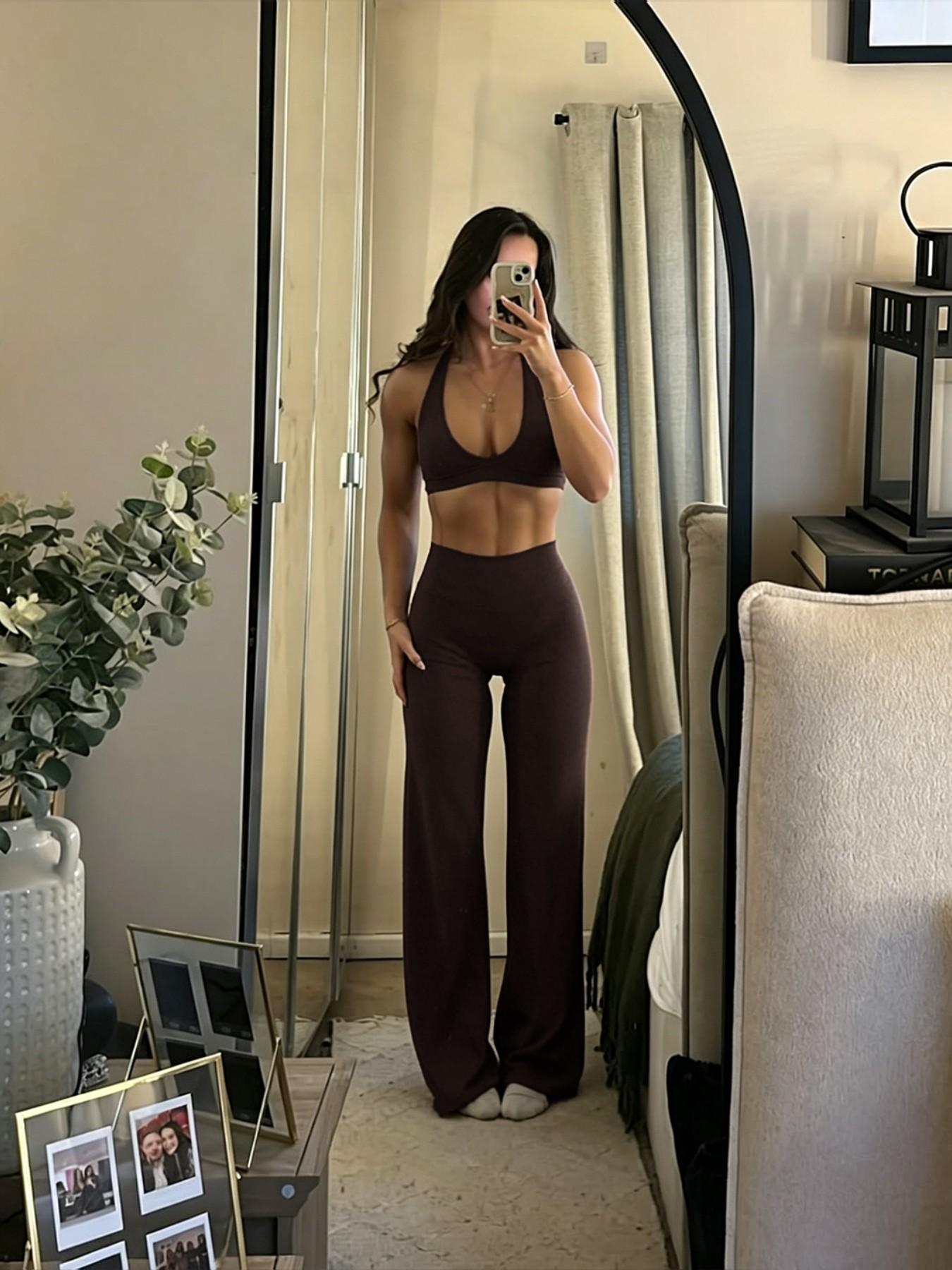 Nude Seamless Fitness Set, Halter Back Gathered Tank Top, High Waist Tummy Control Wide Leg Pants, Casual Sportswear Two-Piece Set