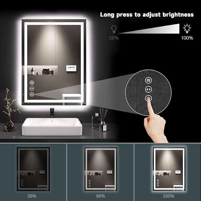 RIMIKING LED Bathroom Mirror with Anti-Fog, Dimmable Touch Light, 3 Color Modes, Memory Function, Tempered Glass,Anti-Fog Feature,MI-ZJLED