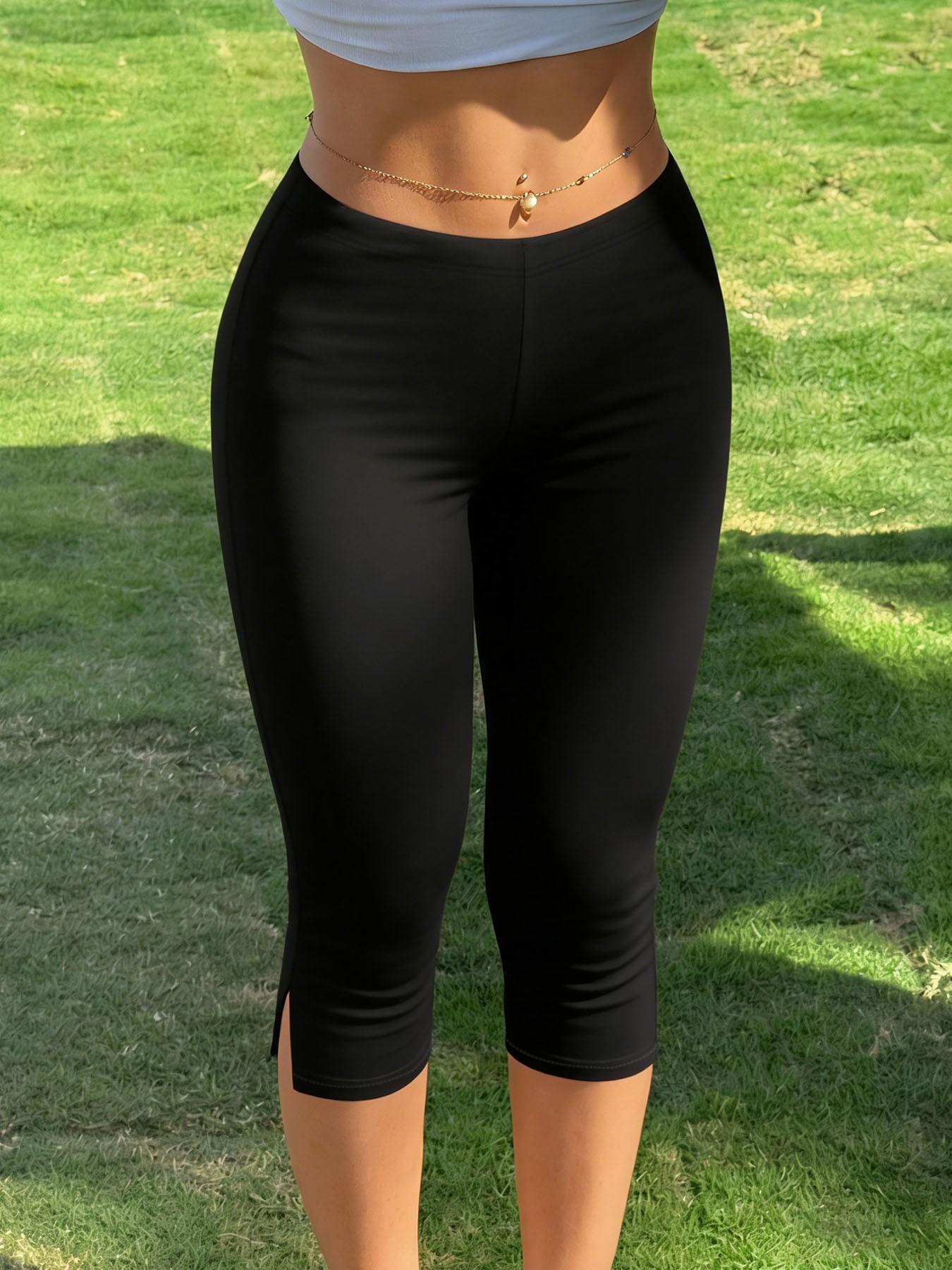 Women's Y2K Streetwear Black Capri Slim-Fit Pants, Active Pants With Side Slit Detail, Suitable For Gym And Casual Daily Wear
