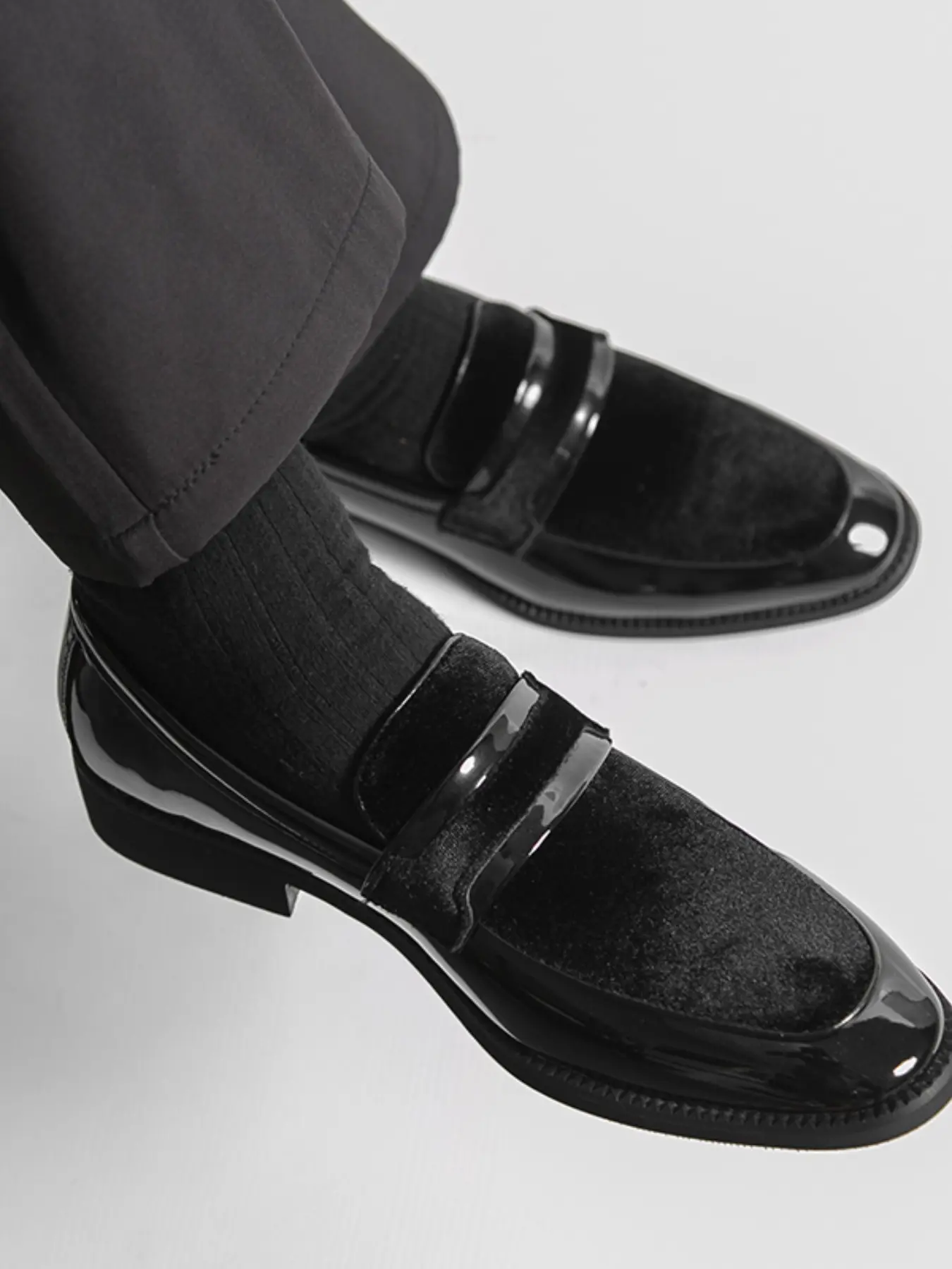 Men's Two Tone Velvet Penny Loafers Patent Leather Slip-On Formal Wedding Party Tuxedo Dress Shoes Premium Footwear