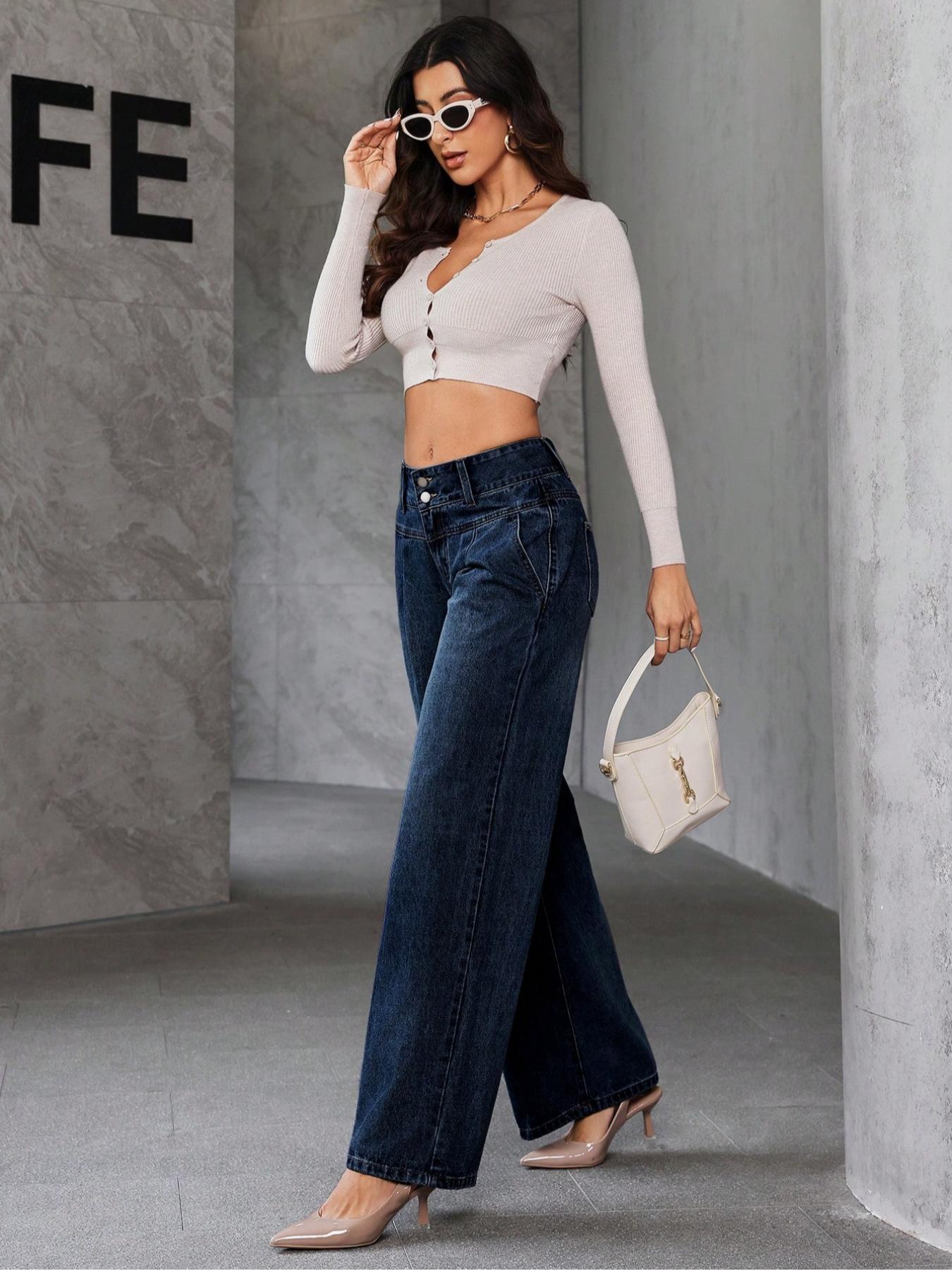 Women's Wide-Leg Loose-Fit Jeans Pants, High-Waisted Button Fly Denim Jeans with Pockets, Fashionable Comfortable Everyday Casual Wear for All Seasons