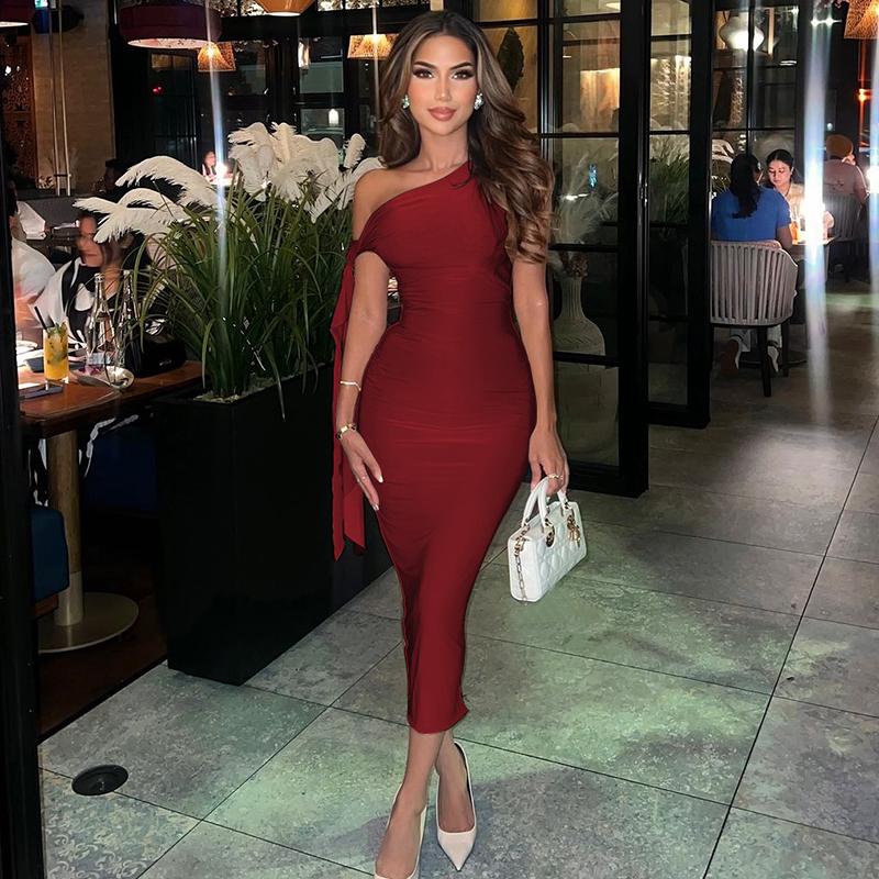 Knotted One Shoulder Tie Bandage Midi Dress for Women's  2025 Summer Asymmetric Sleeveless Bodycon Slim Casual Elegant Sexy Party Club Dating Outfit Dress