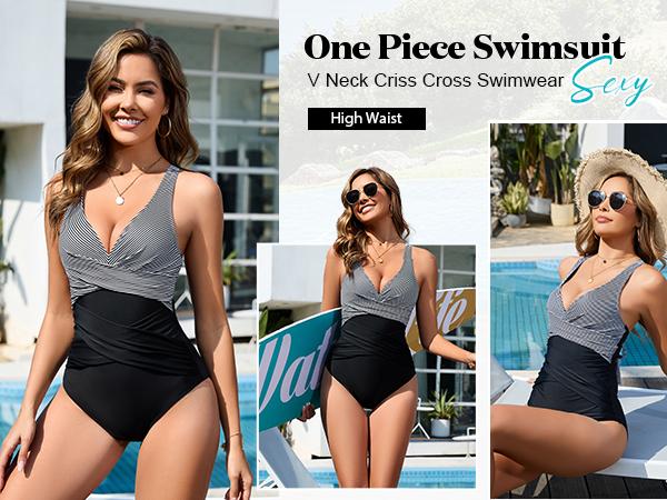 UMIPUBO Womens Tummy Control Swimsuits One Piece Bathing Suit Front Cross Tie Back Slimming Ruched Push Up Padded Swimwear