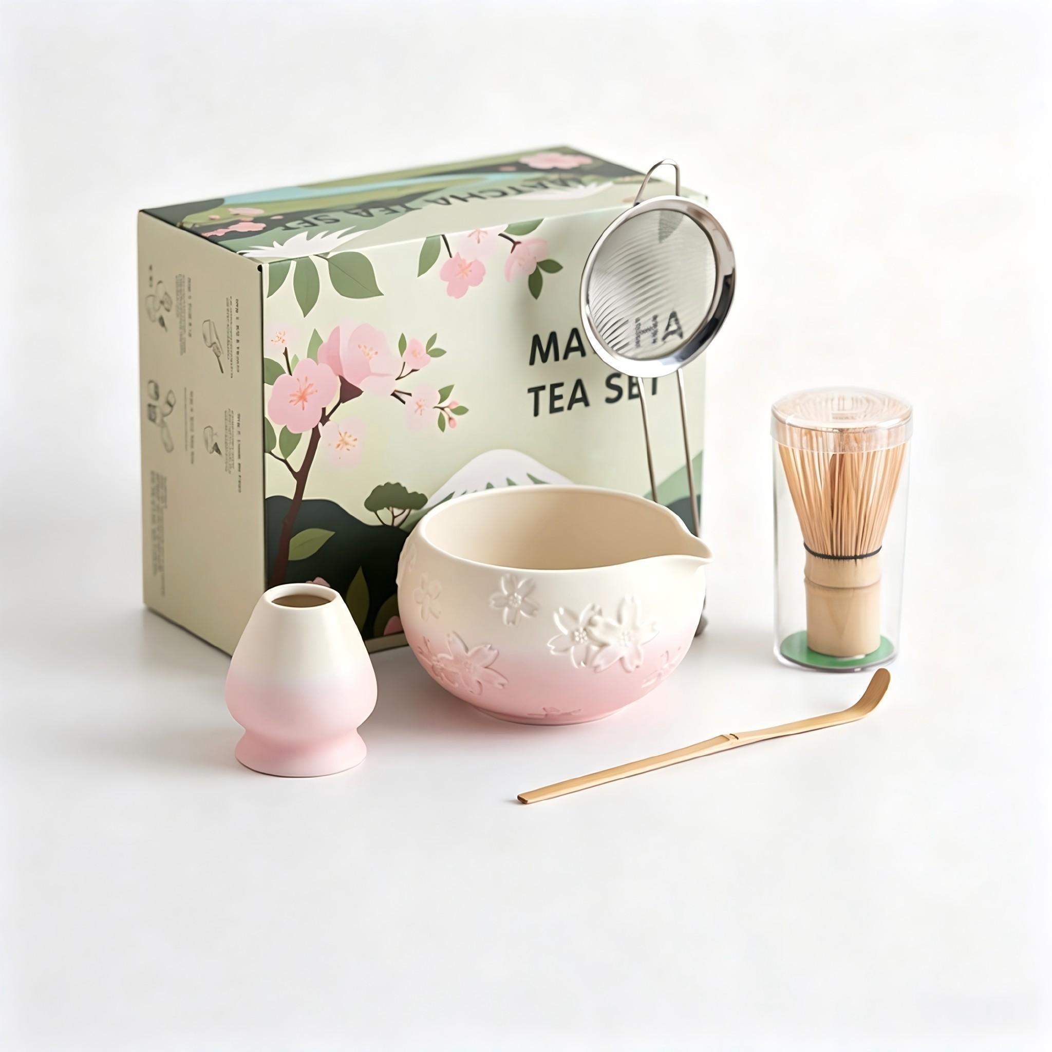 Traditional Japanese Matcha Tea Set, Includes Ceramic Bowl, Bamboo Chasen, Stainless Steel Sieve, Cotton Teapot Spoon, Ideal for Home or Café