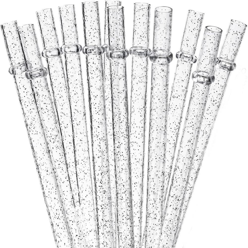 Reusable Drinking Straws with Cleaning Brush, 12-Piece Durable Clear Plastic Colorful Glitter Drinking Straws, Drinking Supplies for Home Kitchen, Party, Picnic and Outdoor Use #GLOBAL PICKS